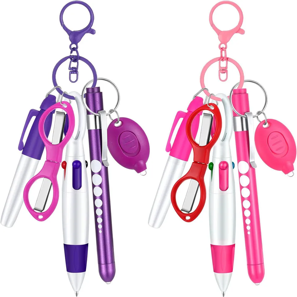 6-v-1 Kreativita zatiahnuteľná sada guľôčkového pera Set baterka Skladacie Nožnice Ballpoint Pen Keychain Nurse Pens Pers Trvalej značky
