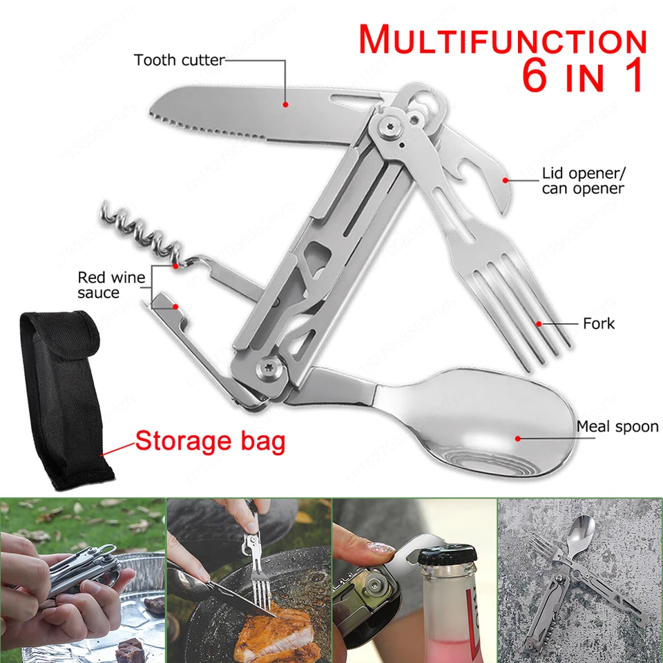 6 v 1 Multifunkčný kempingový príbory prenosné prenosné skladacie príbory EDC nástroj pre piknikovú turistiku pre cestovanie BBQ