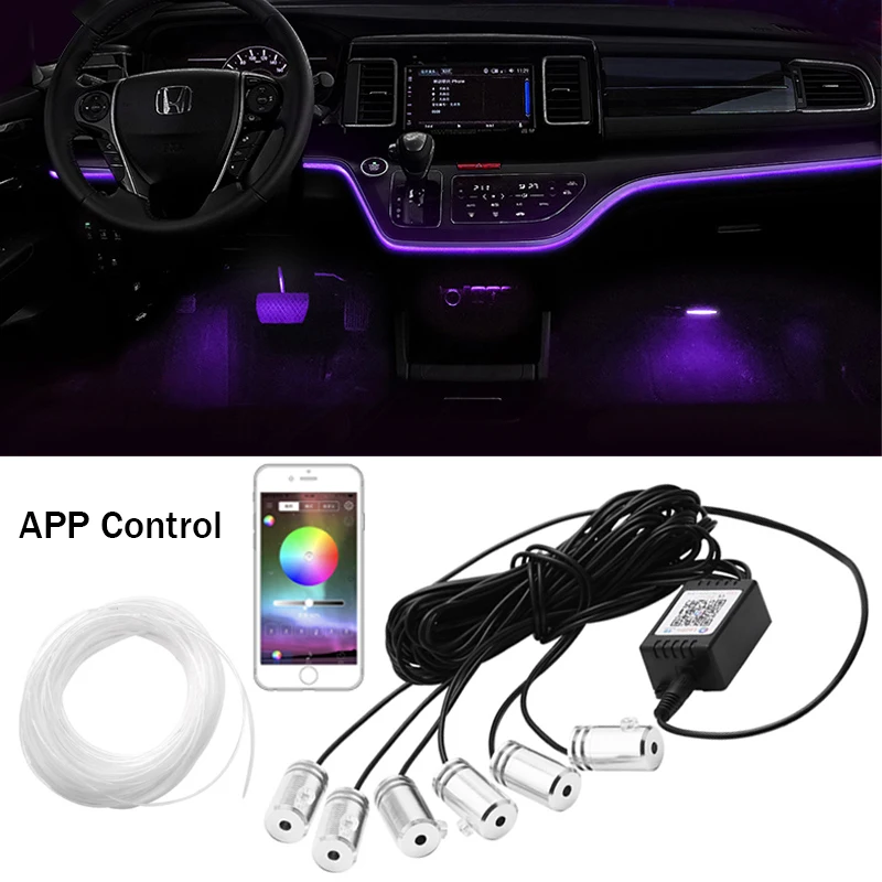 6 v 1 RGB LED Atmosféra auta Interiérové ​​prostredie Light Kit Fiber Optické prúžky Svetlo pomocou aplikácie Control DIY hudba 6m optické pásmo vlákien