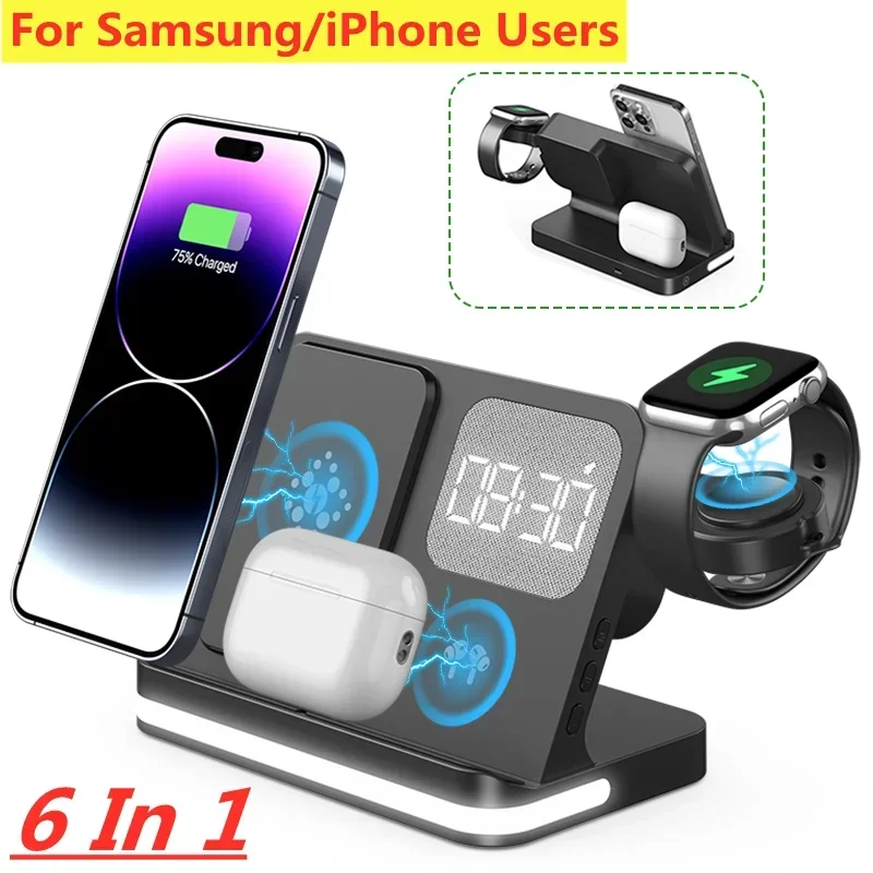 6 v 1 stojan na nabíjačku pre iPhone Samsung S23 S22 Ultra Note Fold Galaxy Watch 5 4 Active Buds Rýchle nabíjanie Dock Station