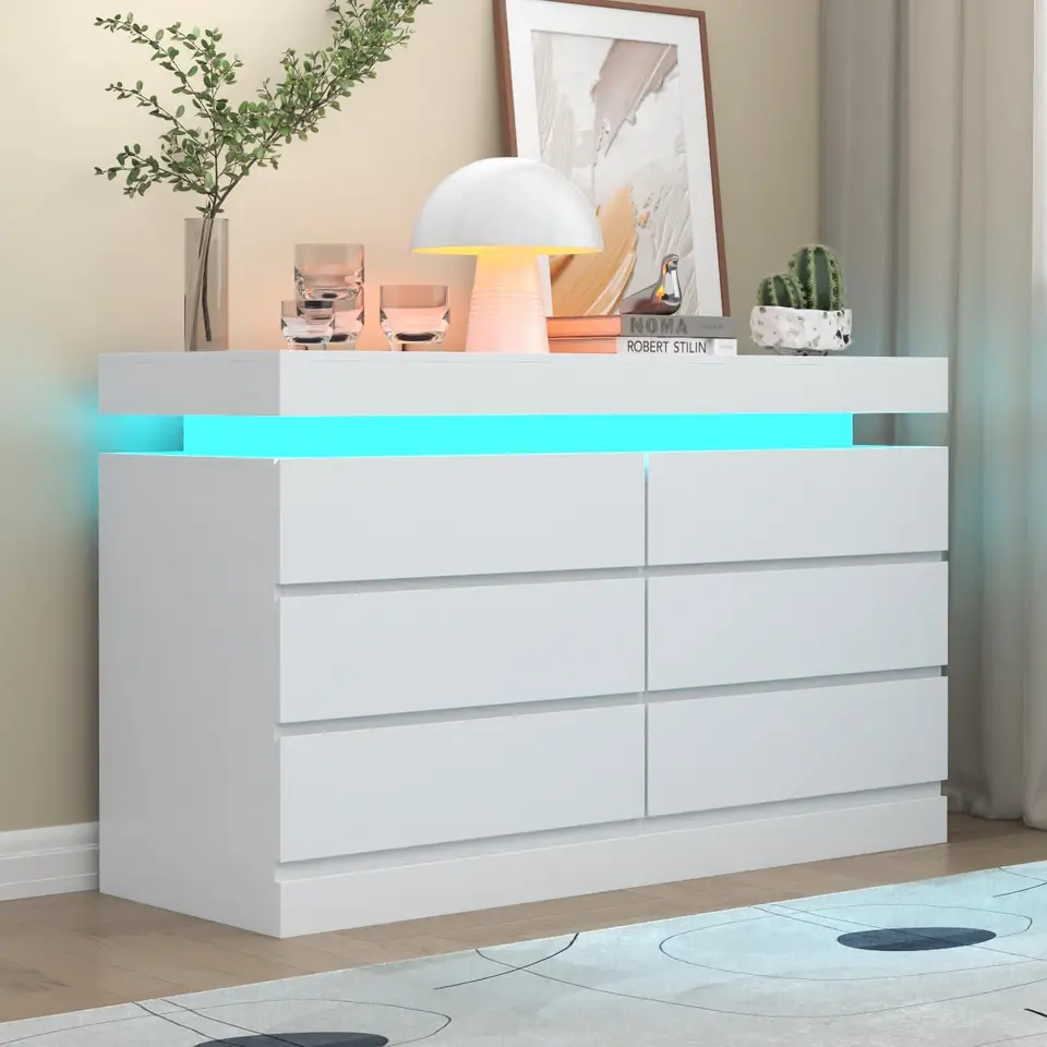 6 zásuvkových komody s elektrickou zásuvkou, biely komoda s LED svetlom, moderná komoda pre skrinku, dvojitá široká zásuvka