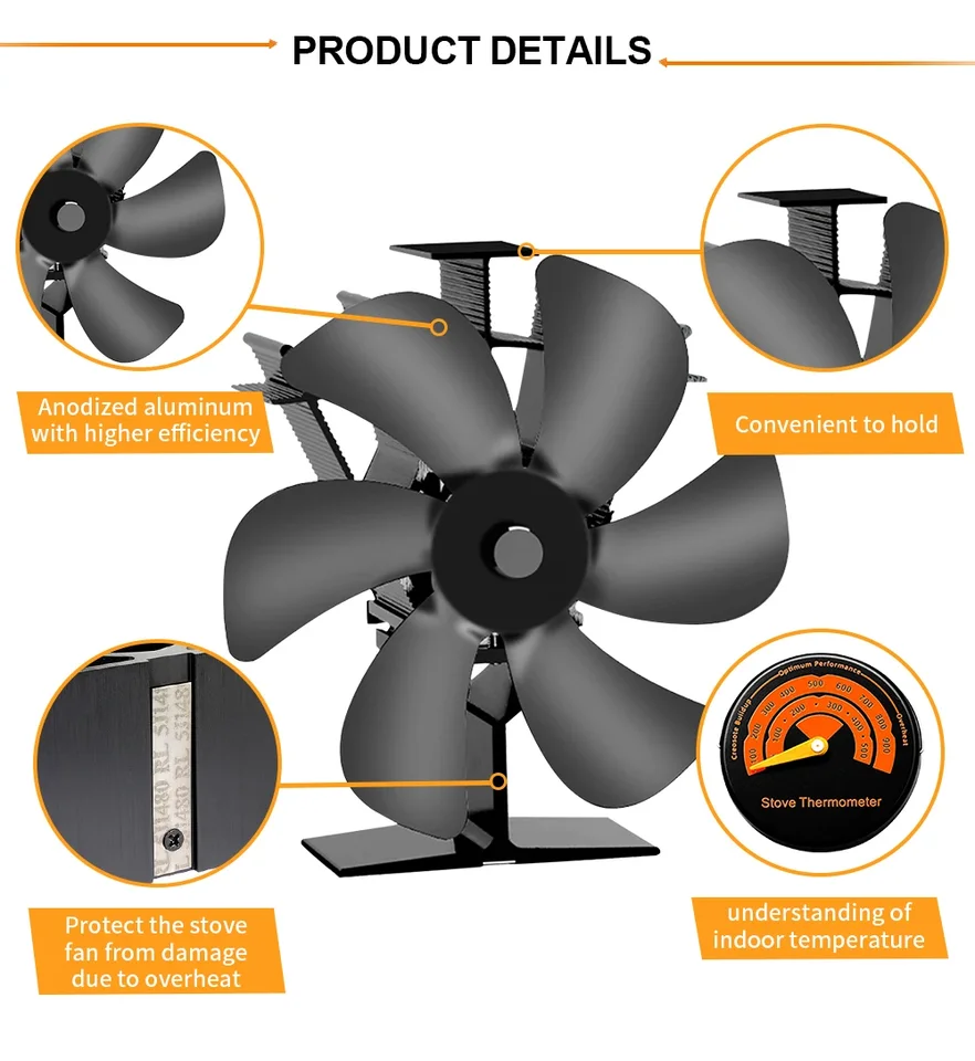 6 čepelí mini kachle ventilátor tepelne poháňaný krbový guľa