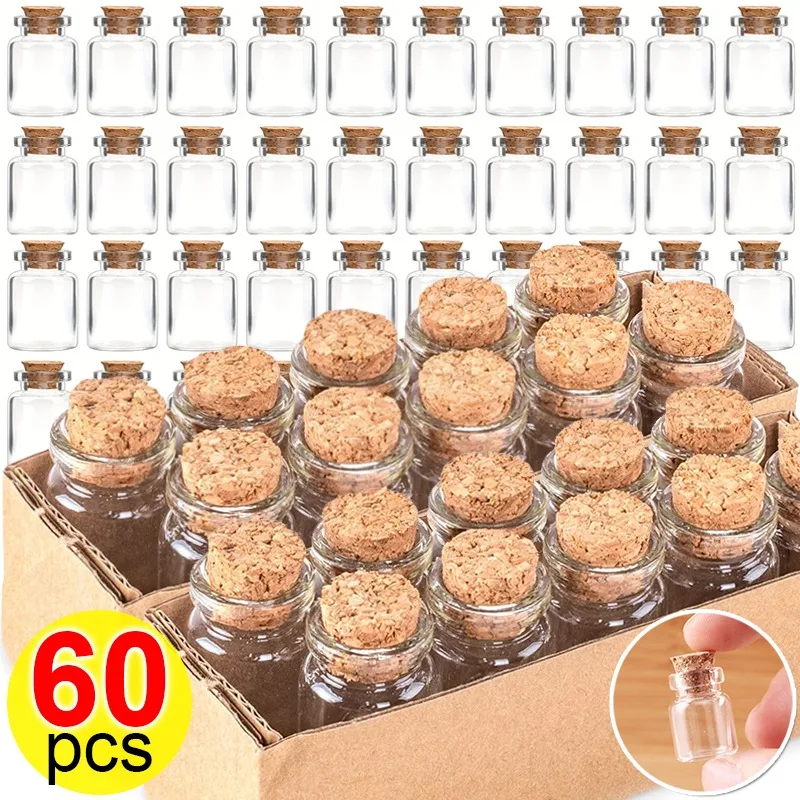 60/10x priehľadné mini sklenené fľaše s drevenými zástavami pre korkové zátky. Prianie fľašu pre bábätko
