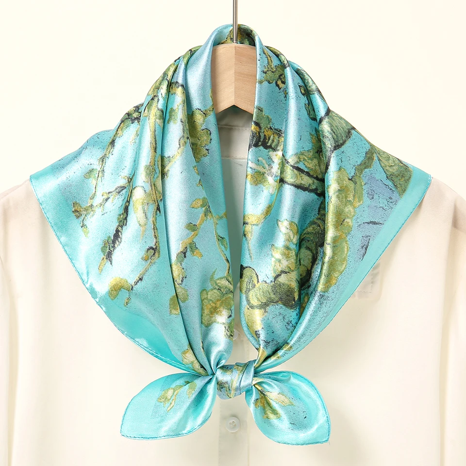 60*60 cm Luxusný kvetinový tlač hodvábok Square Šatky Ženy Soft Satin Satin Kerchief Neckerchief Head Hidžáb čelenka čelenka Fould Bag Ribbon