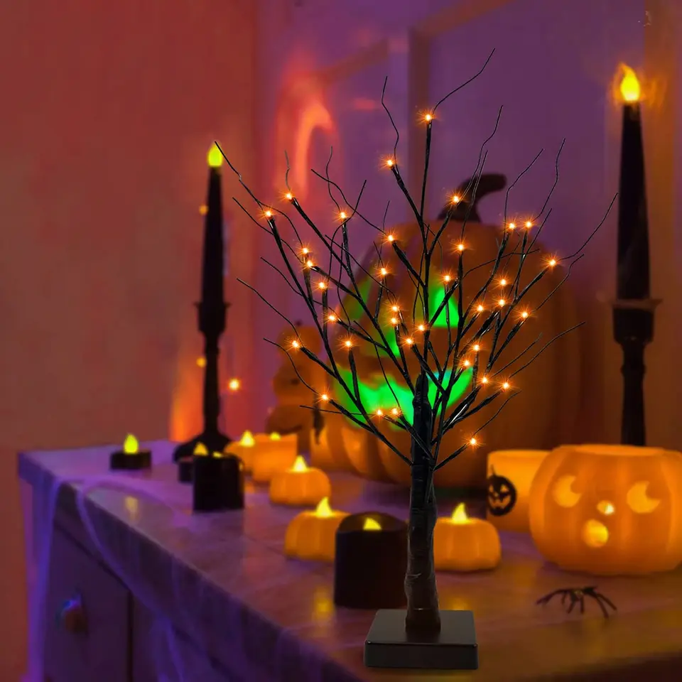 60 cm LED HALLOWEEN BIRCHES TREE s časovačom Oranžové svetlá batériu na poháňanie stola
