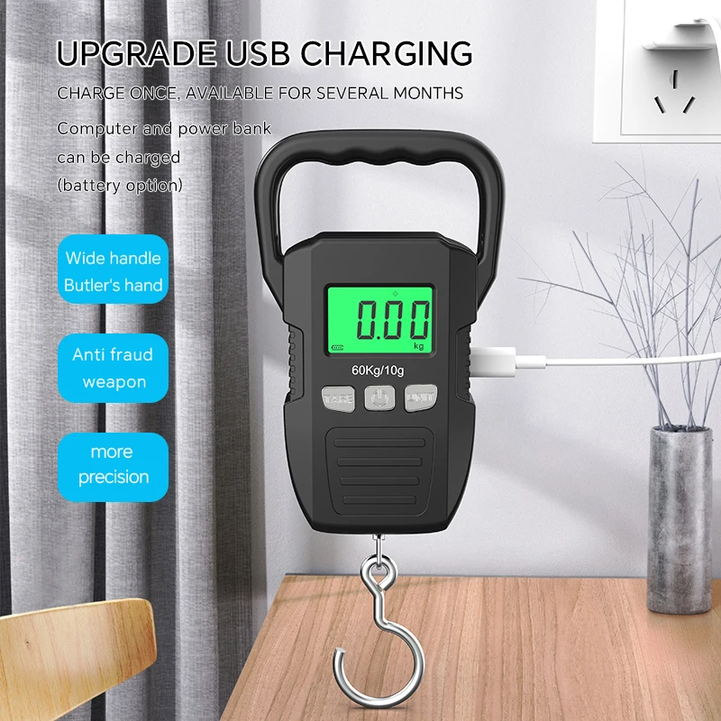 60 kg/10g LCD prenosné závesné stupnice USB Digital Ranged Hook Scales for Courier Loving Batožina Home Rading Balance Tools