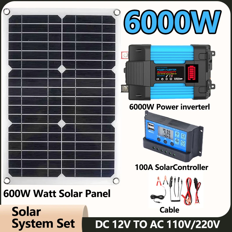 600 W solárny panel 6000W Inverter 12v až 110 V/220V Solárny systém Generovanie energie Domov Outdoor Car Mobile Phone Solar Nabíjanie