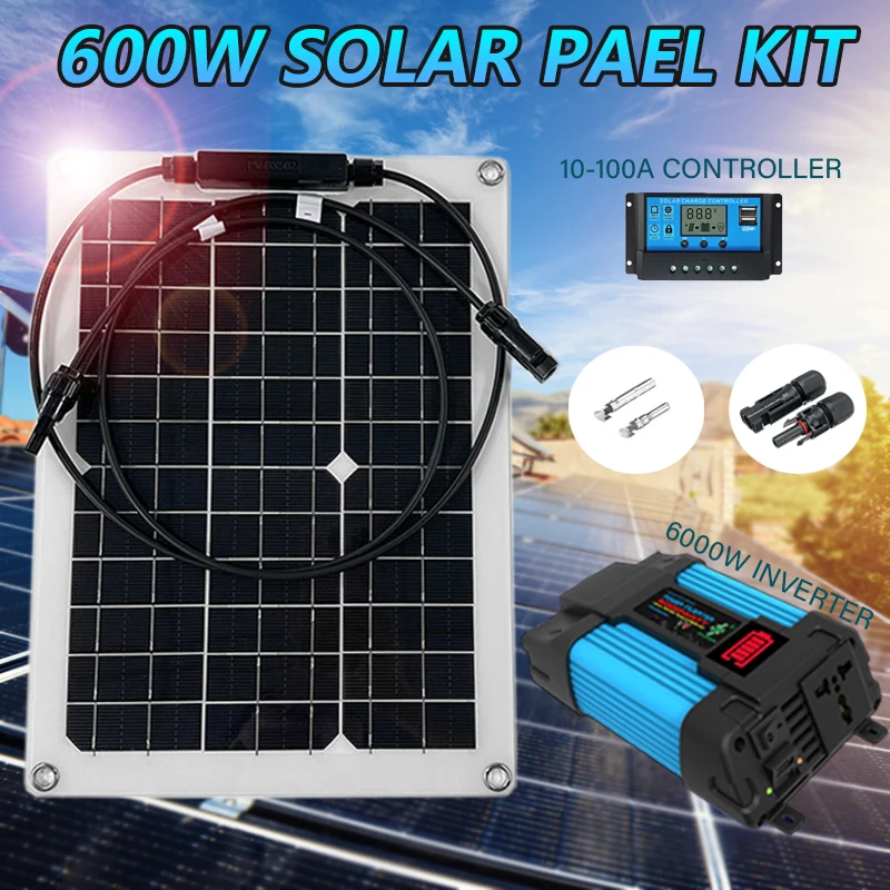 6000W 12V až 220V Solárny napájací systém 600 W Solárny panel 10-100A Ovládač nabíjania Kompletný súprava na výrobu energie Domáca mriežka Camp