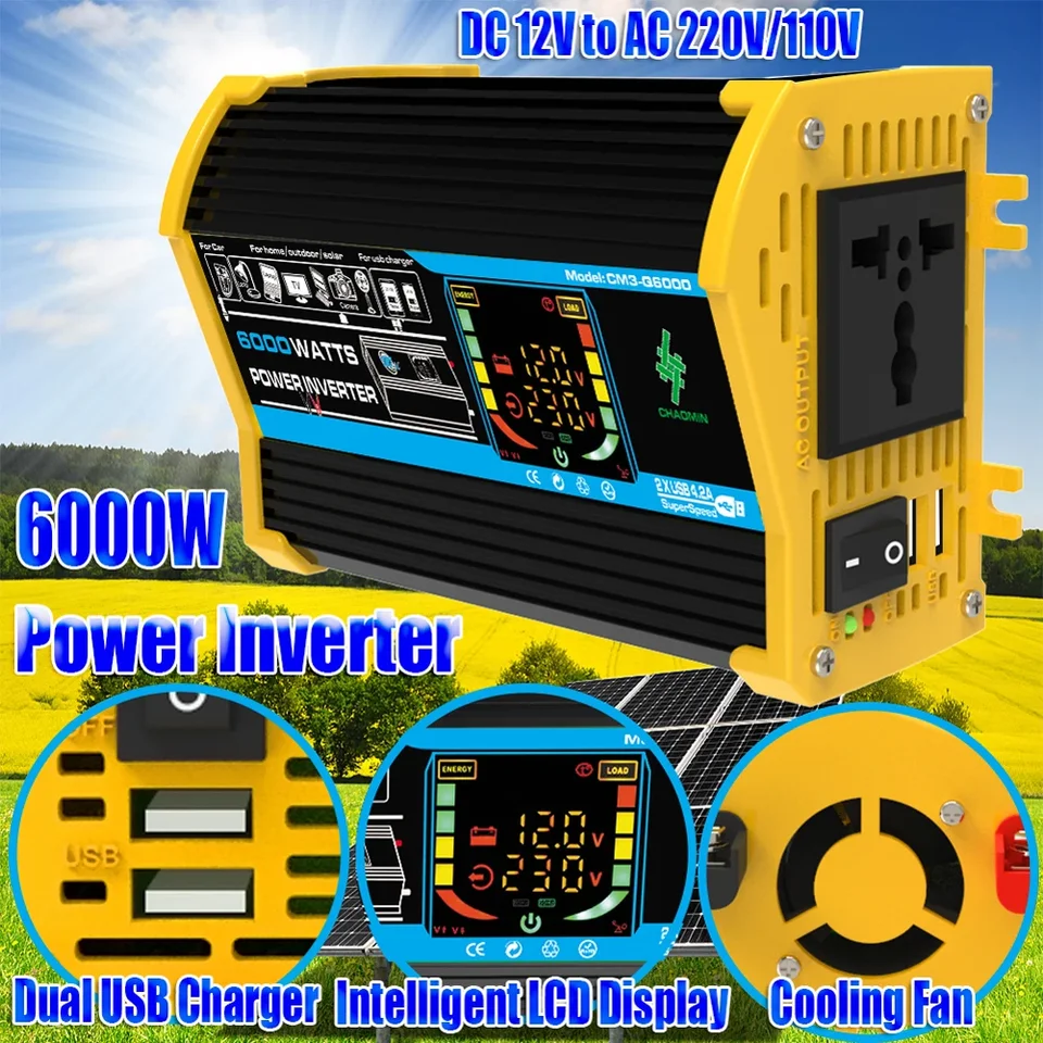 6000W 3000W invertor CAR modifikované sínusové vlnové napätie Transformátor Power prevodník DC 12V na AC 110V 220V LCD displej DUAL USB port