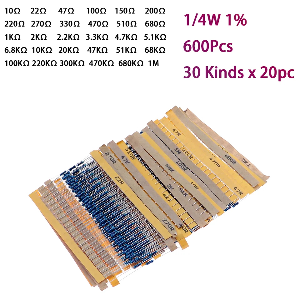 600ks/set 30 druhov 1/4W Odpor 1% kovový rezistorový balíček Súdňa 1k 10k 100k 100k 220ohm 1M Resistory