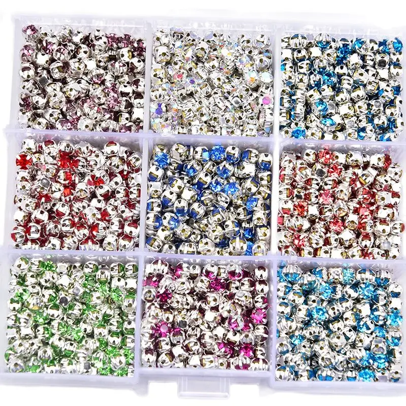600ks/taška 4 mm strieborná pazúrová kryštál Stras Round Shap Diamante Diamante 4 otvory Šiť na drahokam pre oblečenie vrecká dekoratívne