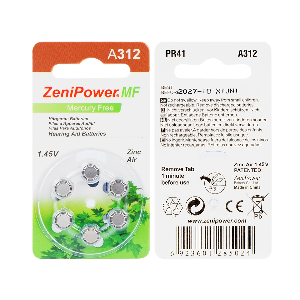 60ks/box zenipower načúvacie batérie A312 312A ZA312 312 PR41 S312 Zinok vzduchová batéria