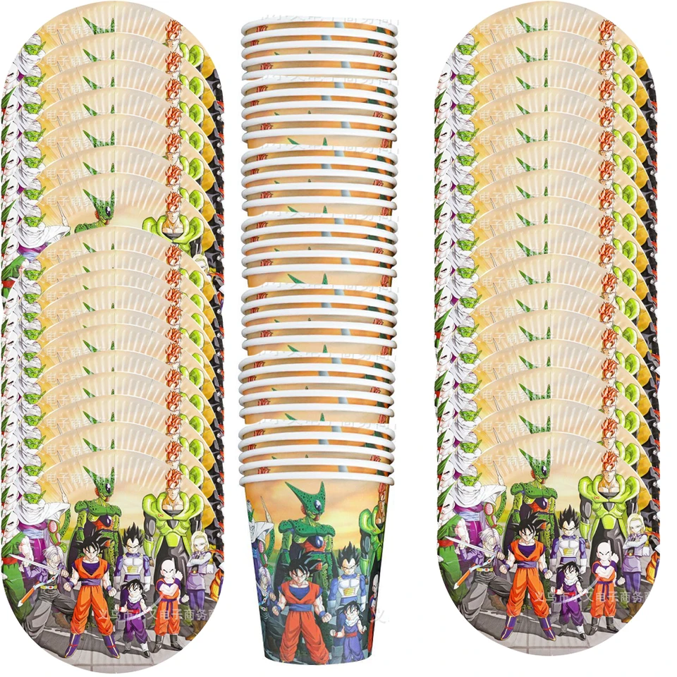 60ks/lot Dragon Ball téma Boys Kids Favors Cups Plates Plates Happy Birthday Party Set Detode Detode Dodávky