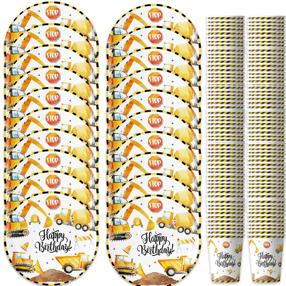 60ks/set Construction Tractor Detská narodeninová oslava Detská dekorácia Boy Earodt Decoration Blaze Car Paper Plate Cup Deco Events