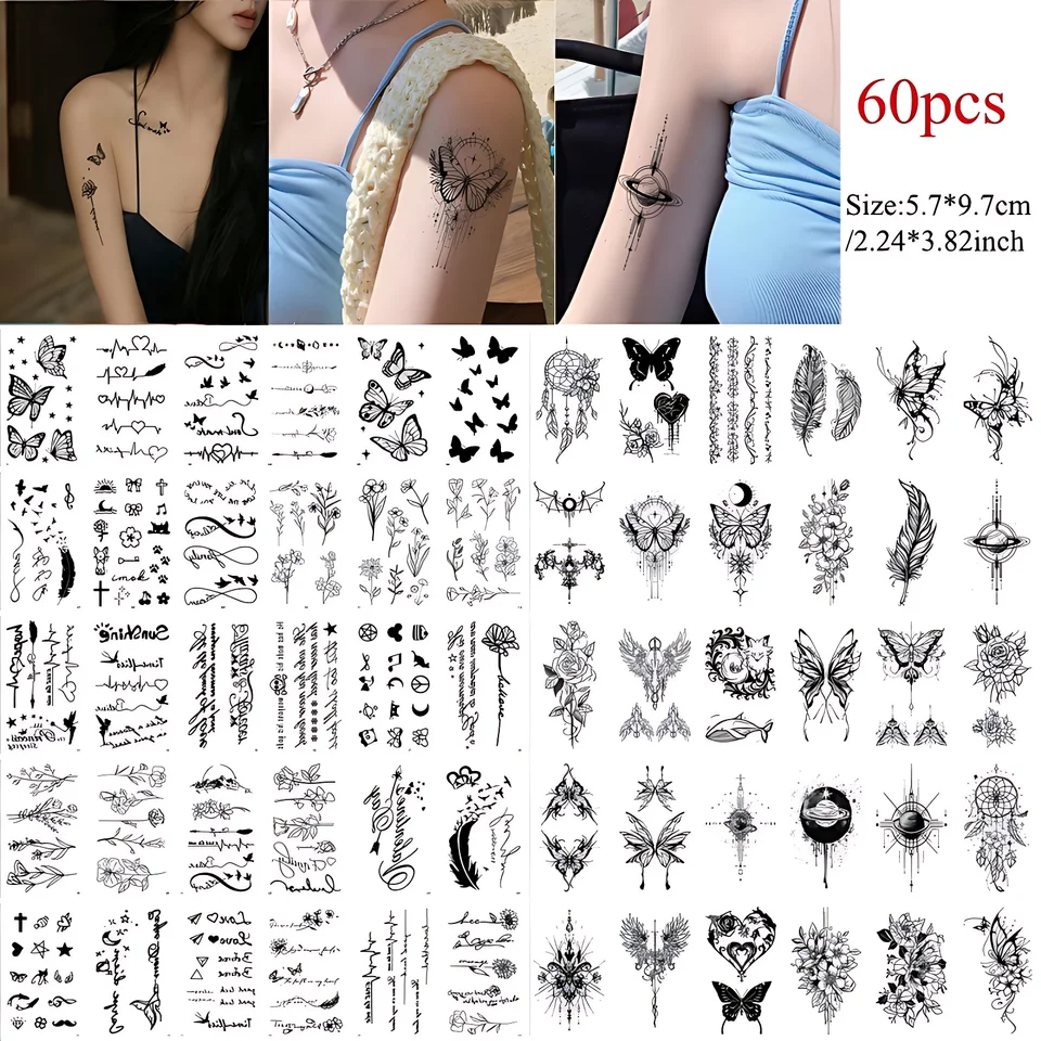 60ks/set tetovanie dočasne vodotesné dlhotrvajúce cestovné perie Motýfly slova hudobná nota tetovanie lepidla Tatuajes Temles