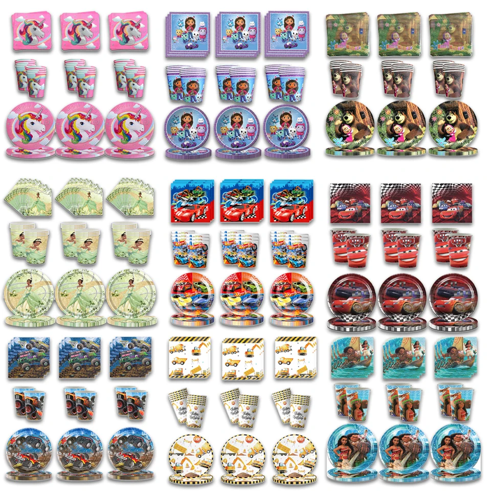 60ks/veľa Disney Stitch Frozen Gabby Tiana Moana Mickey Minnie Cars Construction Party Party Cup Plate set