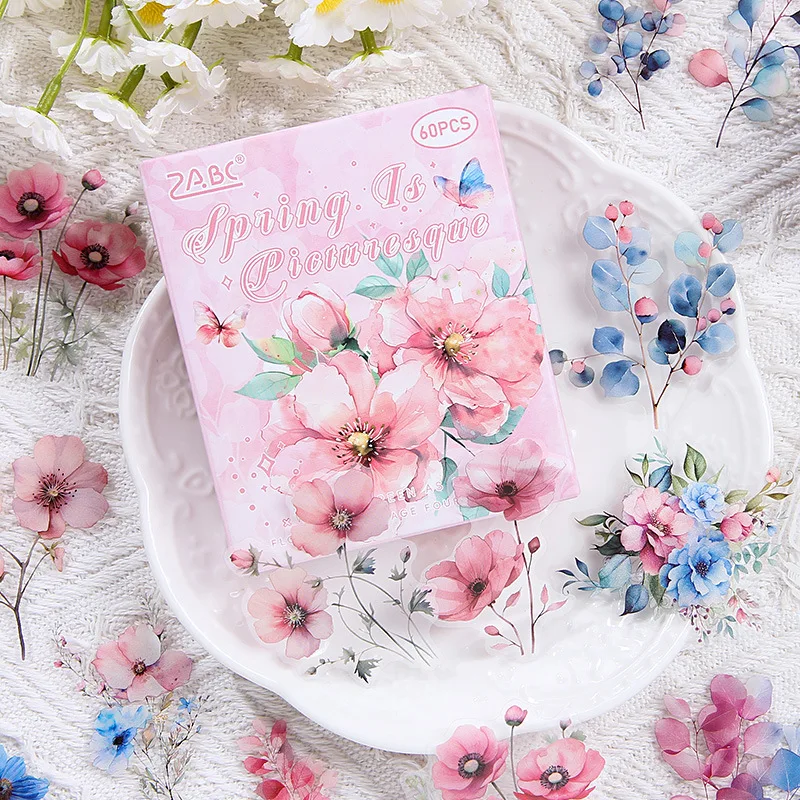 60Sheets/Pack Flower Pet Stickers pre scrapbooking dekoratívne nálepky estetické notebook denník denník Dekorácia