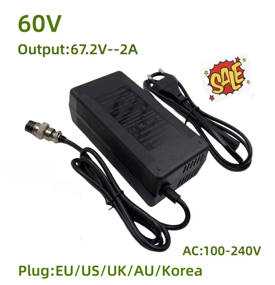 60V nabíjačka 2A výstup 67.2v/2a nabíjačka pre Wheelbarrow Harley CityCoco 16S 60V lítiová batéria GX16 s ventilátorom