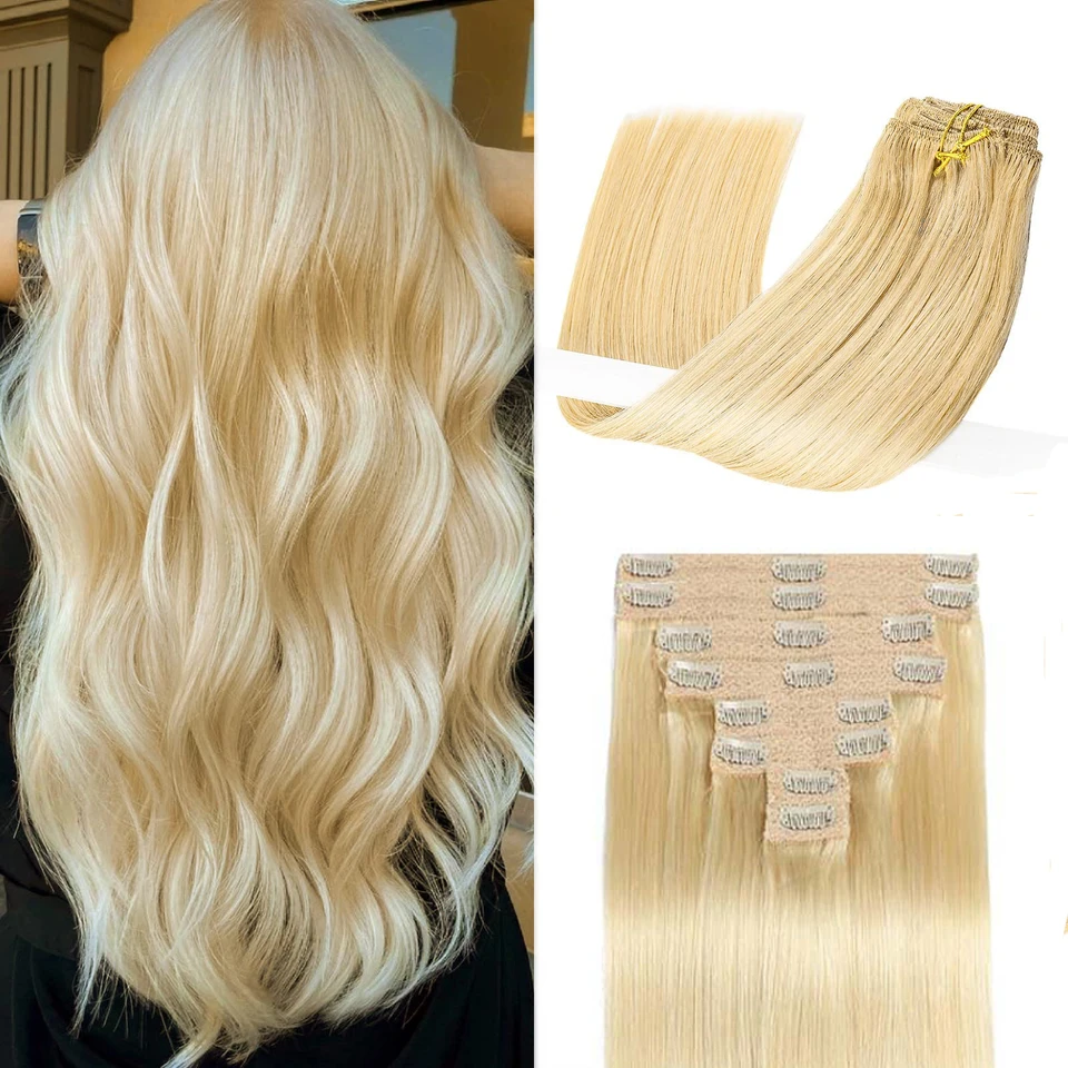 #613 Blonde farebný klip v predlžovaní ľudských vlasov brazílsky priamy klip Ins Remy Human Hair Extension 8ks pre ženy 18 clips