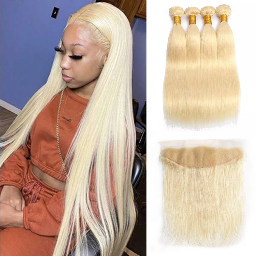613 Blonde zväzky s frontálnymi brazílskymi ľudskými vlasmi s čipkovaným uzatváraním rovným Remy 3 4 ľudské vlasové zväzky väzby s frontálnymi