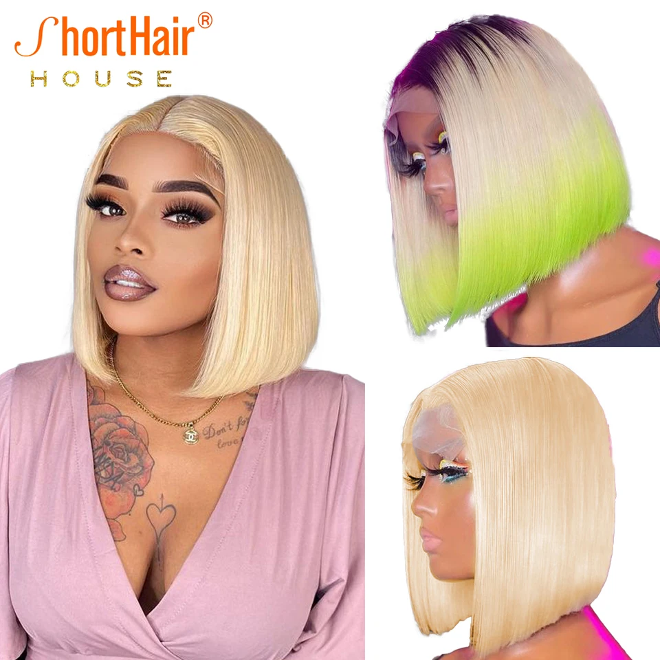 613 blondínka pixie rezaná parochňa ombre zelená čipka predné ľudské vlasy parochne pre čierne ženy brazílske remy leto 1b šedá rovná bob
