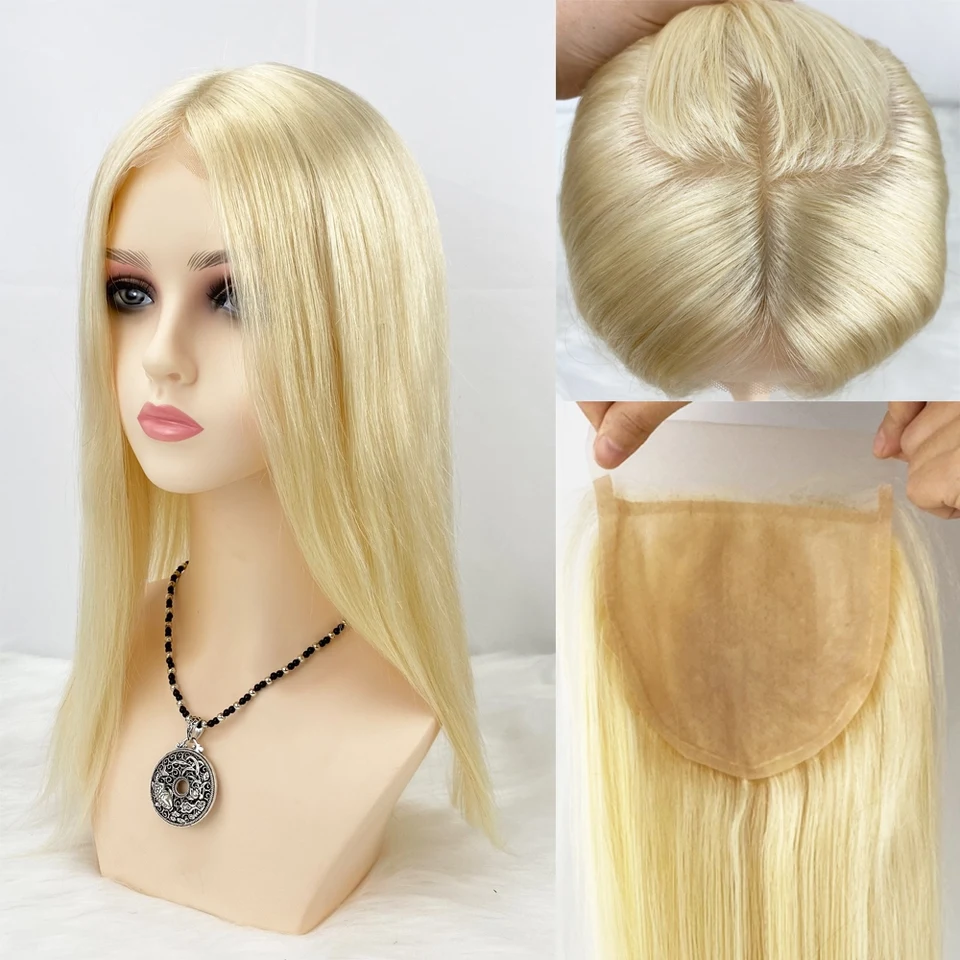 #613 Hodvábna základňa Uzáver Blonde Silikónová koža Základňa ľudské vlasové čipky Uzáver s detskými vlasmi spona v remylových vlasoch Topper