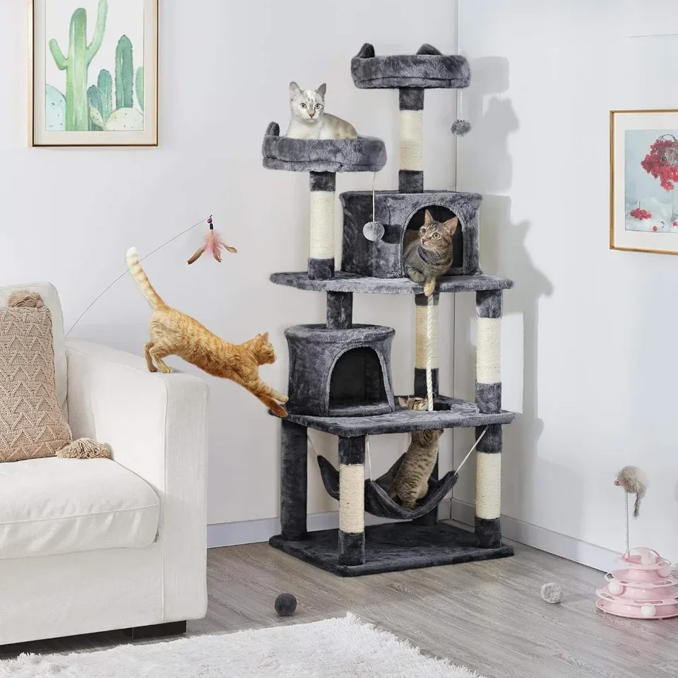62.2 palcov mačka Tree Cat Tower Cat Cat s platformou a hojdacou, poškriabanie stĺpcov pre mačiatko Pet House s plyšovým bidlom