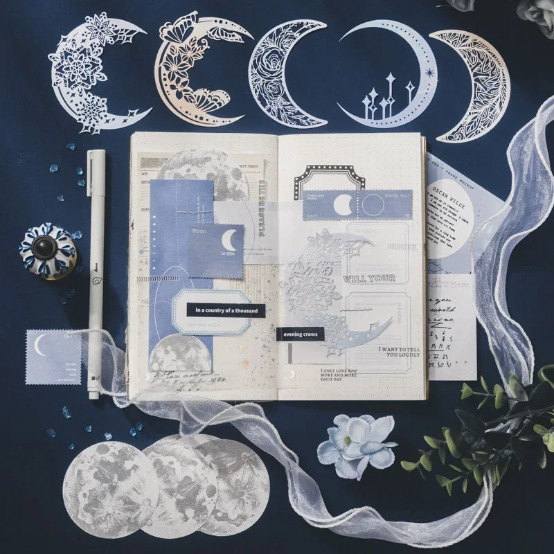 63 ks/balíček Hollow Out Material Papier Moon Fázová téma, kreatívna a personalizovaná materiálová dekorácia Memo