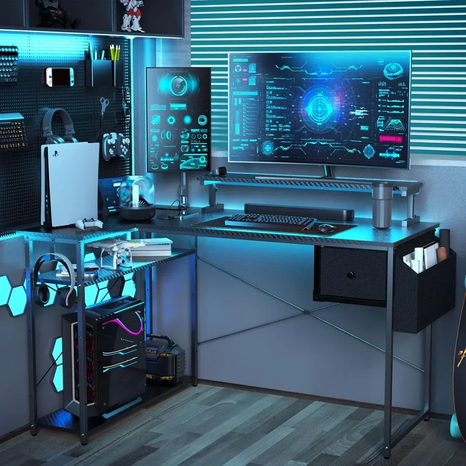 63 v hernom stole v tvare L, počítačový stôl s nastaviteľným stojanom a RGB svetla