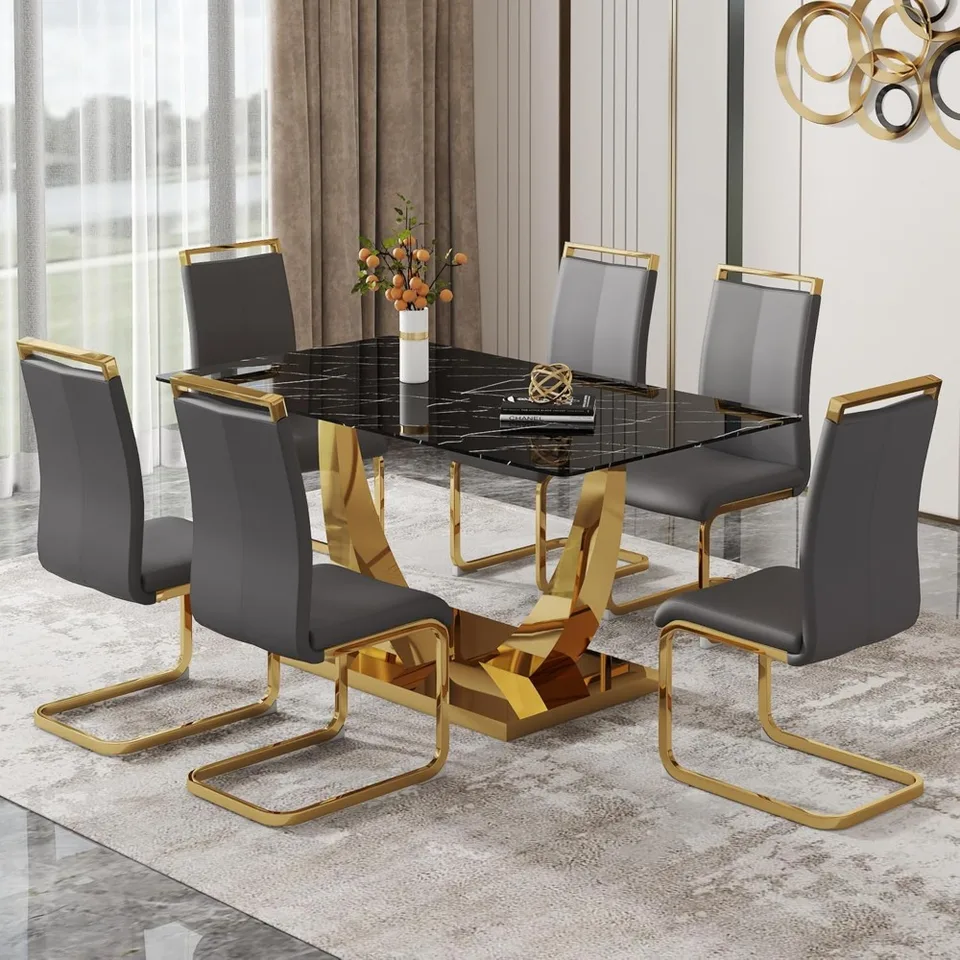 63 ”jedálenský stôl Set pre 6, moderný zlatý jedálenský stôl pre 6, obdĺžnik kuchynský stôl s koženými stoličkami PU