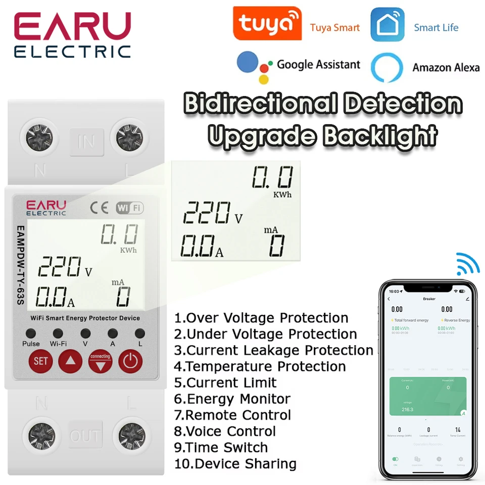 63A 230V TUYA SMART WIFI Spínač ističa obojsmerného energetického meracieho meracieho meracieho meracie