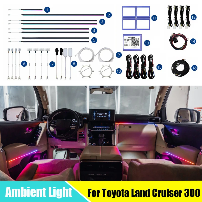 64 farieb LED Ambient Ambient Svetlo pre Toyota Land Cruiser 300 2022-2023 Plné auto Atmosféra Svetelná stopa Centrálna ovládacia žiarovka