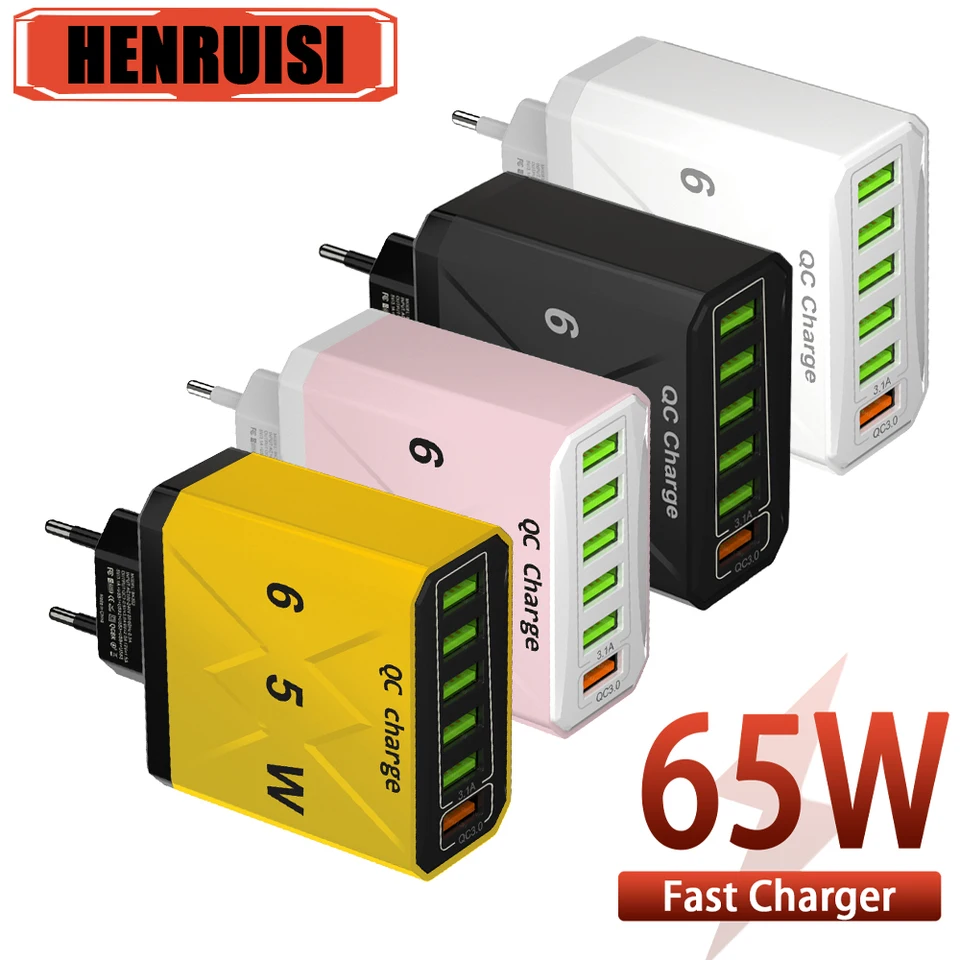 65W 6 portov USB nabíjačka Rýchle nabíjanie QC3.0 Cestovná nabíjačka pre iPhone 15 Samsung Xiaomi Phone Tablet Tablet Adapter EU US UK Plug