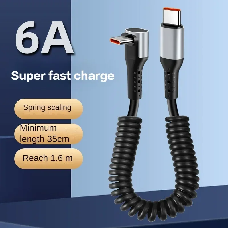66 W 90 stupňov pružina USB Typ C Mobilný telefón Kábel 6A Rýchle nabíjanie typu C pre Samsung Xiaomi Game Car Phone Cable Cable