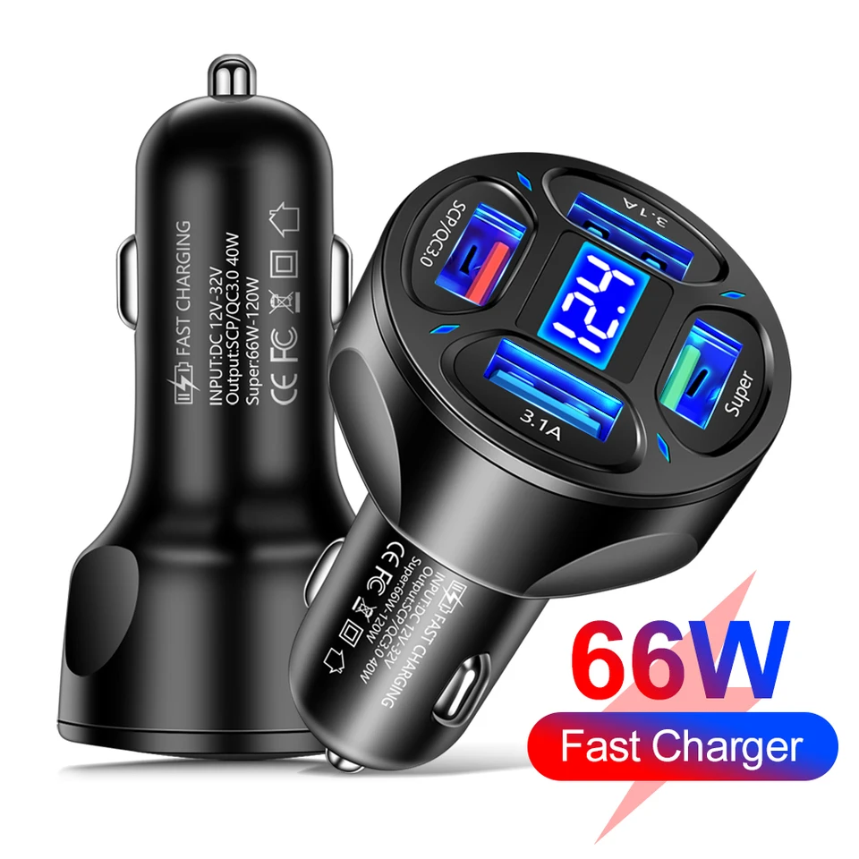 66W 4 USB CAR nabíjačka QC 3.0 Rýchle nabíjanie Automatický mobilný telefón adaptér s napätím pre iPhone Samsung Huawei Xiaomi