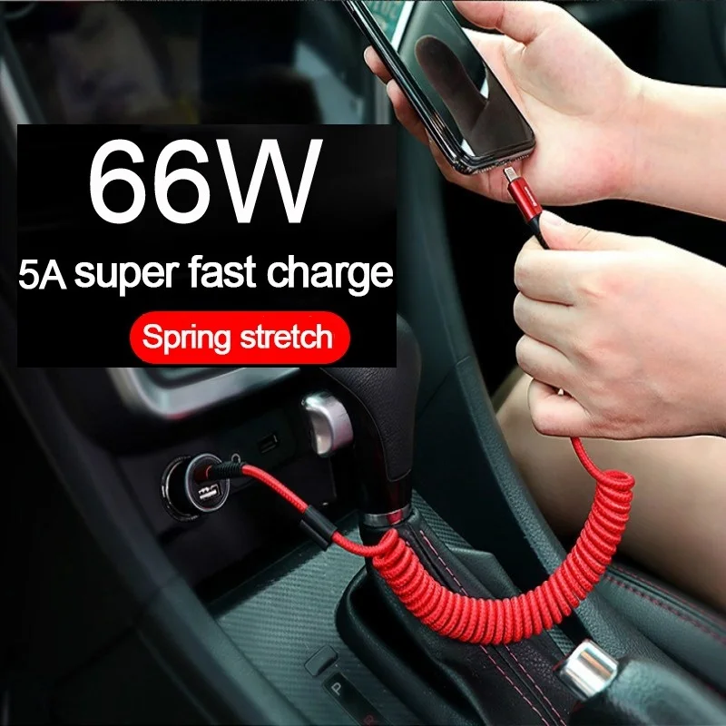 66W 5A USB Typ C Dátový kábel Micro USB Spring Pull Teleskopický rýchly nabíjajúci kábel pre príslušenstvo pre telefón s Androidom CAR USB kábel