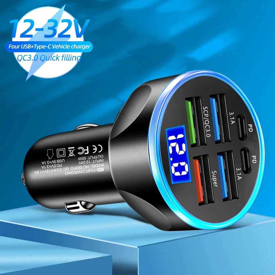 66W USB CAR nabíjačka LED 6 portov rýchly nabíjanie PD QC3.0 Zobraziť napätie nabíjačku automobilu Typ C Adaptér pre iPhone Samsung Xiaomi