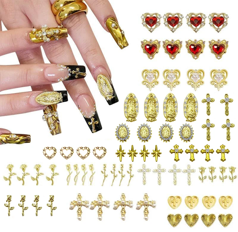 68ks Gold Charms Set so zlatým krížom, srdcom, Rose a Virgin Mary - Y2K 3D Chrome Dekorácie nechtov