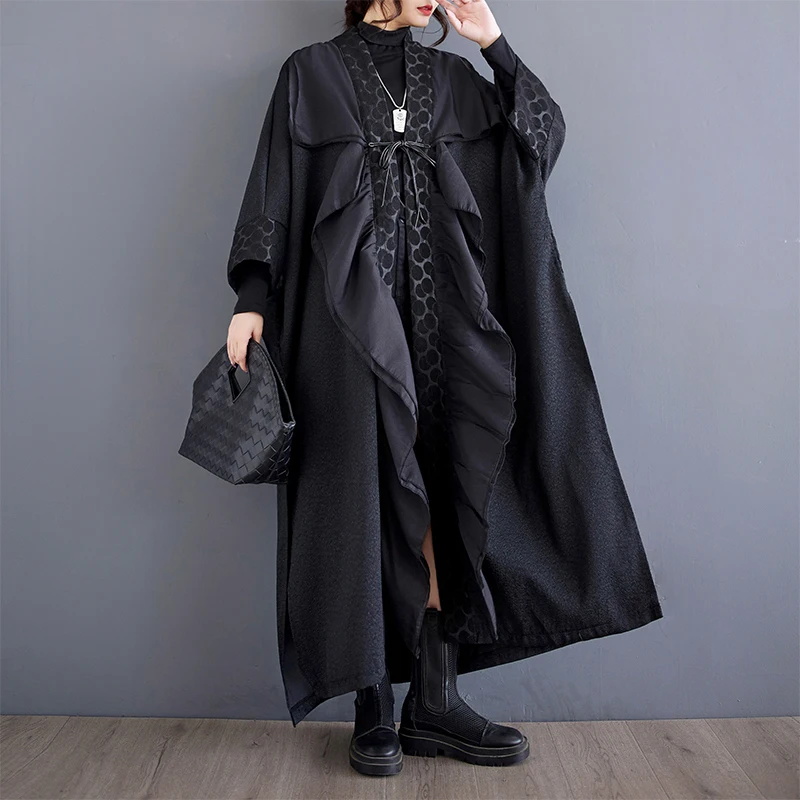 #6925 Jeseň Winter Black Nepravidelný priekopa Ženy Cardigan Kimono Coat Women Loose Loose Zo spojitých volitá Streetwear France Style
