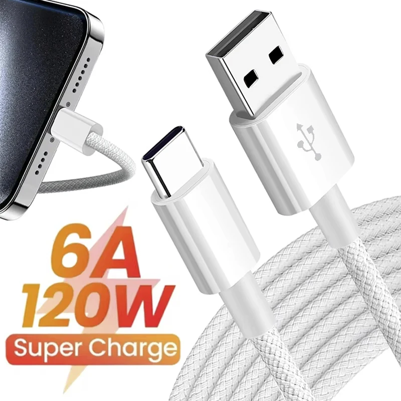 6A 120W TYPE C nabíjanie káblov na nabíjanie rýchleho nabíjačky USB A TYPE C NYLON PLYBÝ KÁDA PRE Apple iPhone 16 15 Pro Max/16 15 Plus plus
