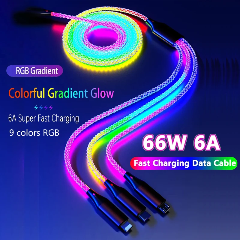 6A 66W 3 v 1 3D vrkočový svetelný svetelný kábel Rýchle nabíjanie kábla Micro USB Typ C Kábel 9 Farba RGB LED USB C Dátový kábel