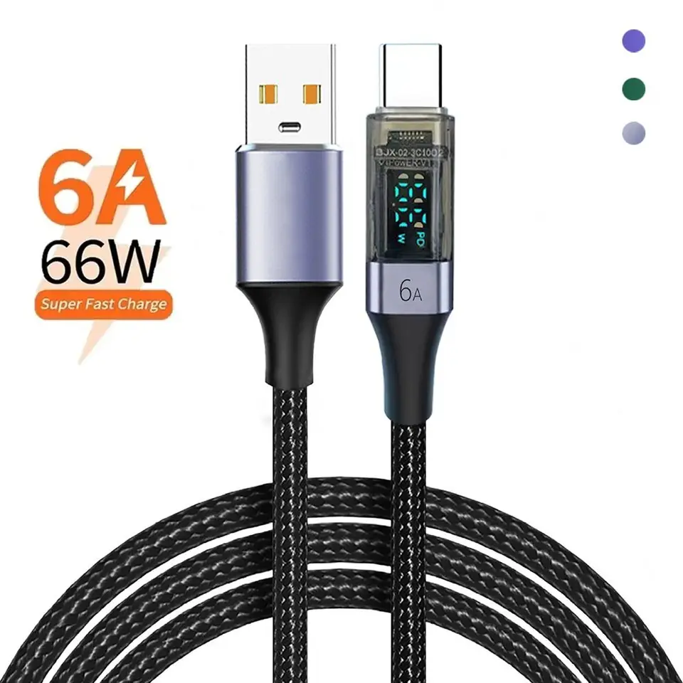 6a USB C kábel PD 66W Digitálny displej A až C Dátový kábel 0,5 m/1m/2m rýchle nabíjanie nabíjacieho riadku typu C pre laptop mobilného telefónu