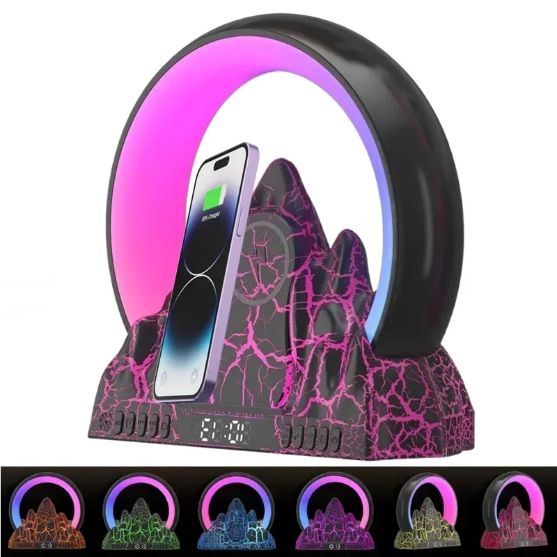6in1 budík bezdrôtovej nabíjačky Aplikácia RGB Atmosféra nočné ľahké spánkové pomoc Bluetooth reproduktor FM Radio pre iPhone Samsung