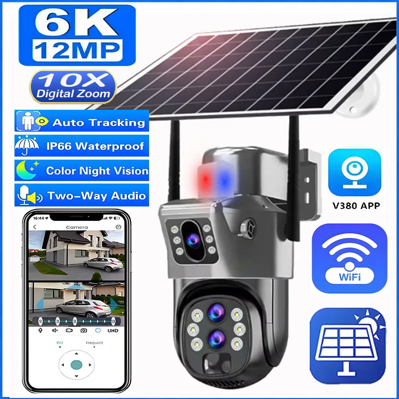 6K 10x Zoom WiFi Outdoor Solar Camera Tri šošovky 12MP HD Night Vision PTZ Surveillance PIR Automatické sledovanie bezdrôtovej siete Cam Cam