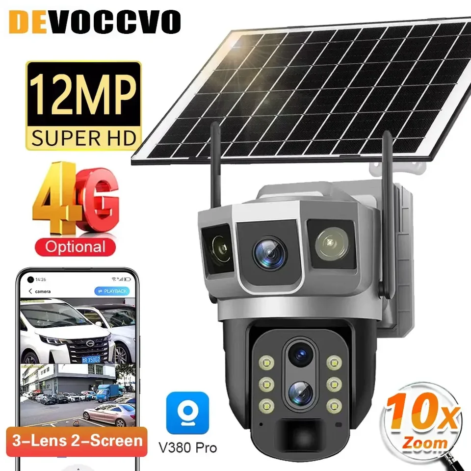 6k 12MP 10x Zoom WiFi Duálna obrazovka Solárna bezpečnostná kamera Outdoor Tri objektív PTZ Human Auto Tracking CCTV Camera V380 Pro App 256G