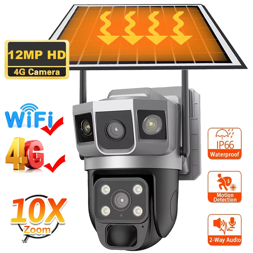 6k 12MP HD Vonkajší solárny fotoaparát vstavaný batériu bez energie vodotesný 4G SIM karta WiFi IP CCTV Video Surveilance AI Track Camera