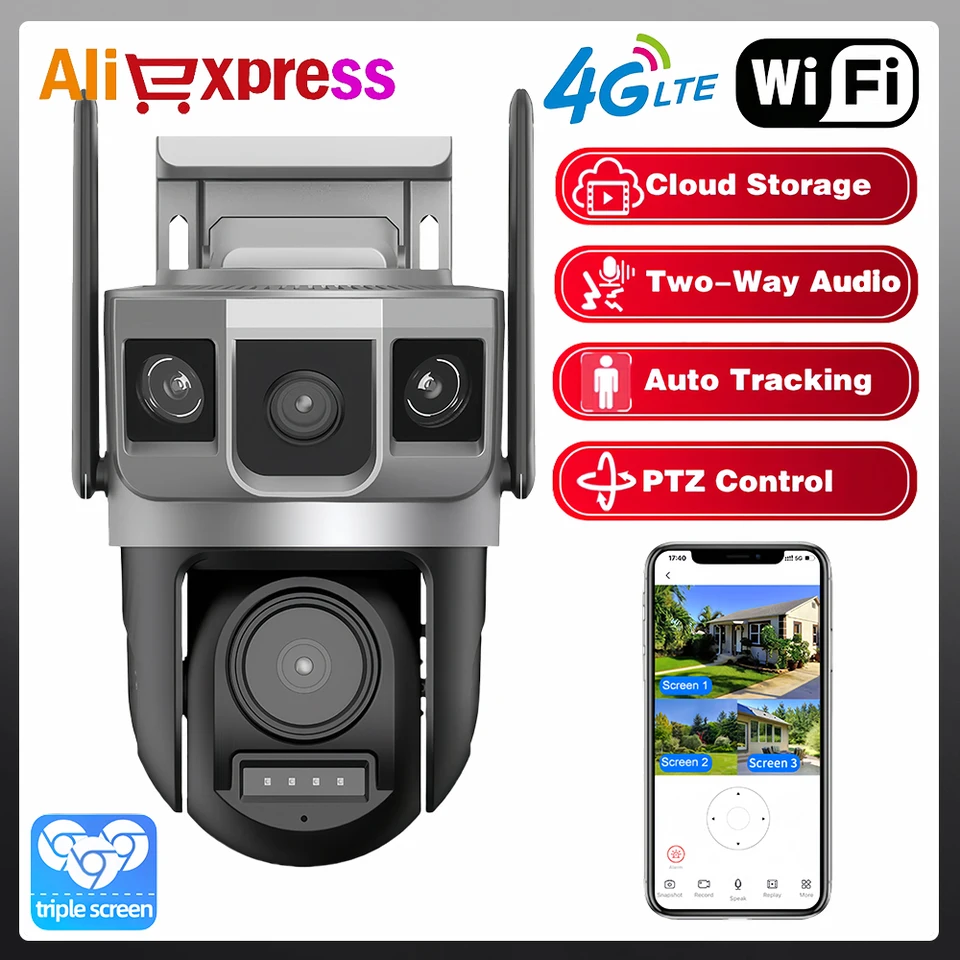 6K 12MP Outdoor HD Night Vision Dozorný fotoaparát s detekciou tela PIR Wireless Camera WiFi 4G SIM Triple Screen CCTV