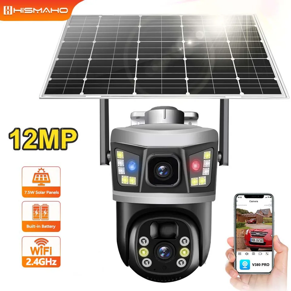 6k 12MP Solárna kamera Duálna šošovka Duálna obrazovka WiFi PTZ Human Tracking Security Surveillance Outdoor Witerprope Zoom Light Alarms