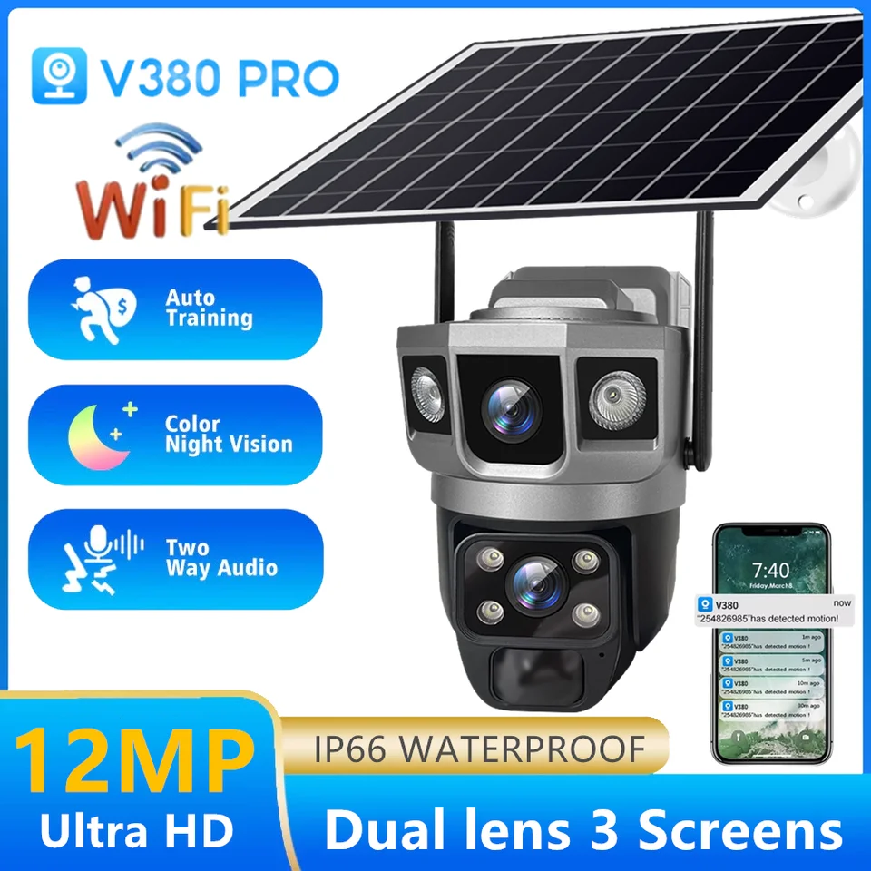 6k 12MP solárna kamera WiFi CCTV Dva objektív Tri obrazovky Automatické sledovanie vonkajšieho bezpečnostného sledovania PTZ fotoaparát PTZ