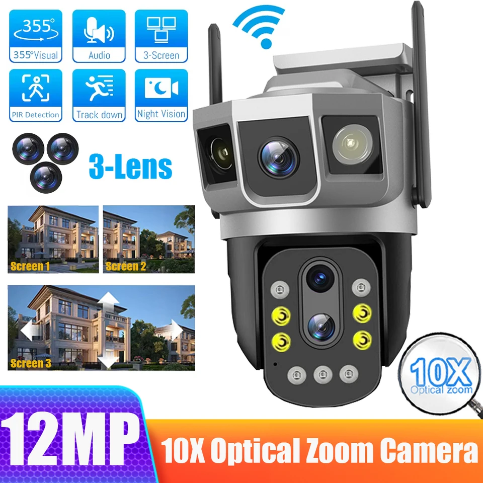 6K 12MP Wireless WiFi IP Camera Tri objektív 10x Optický priblíženie CCTV Waterproof PTZ Automatické sledovanie Security Outdoors Webcam